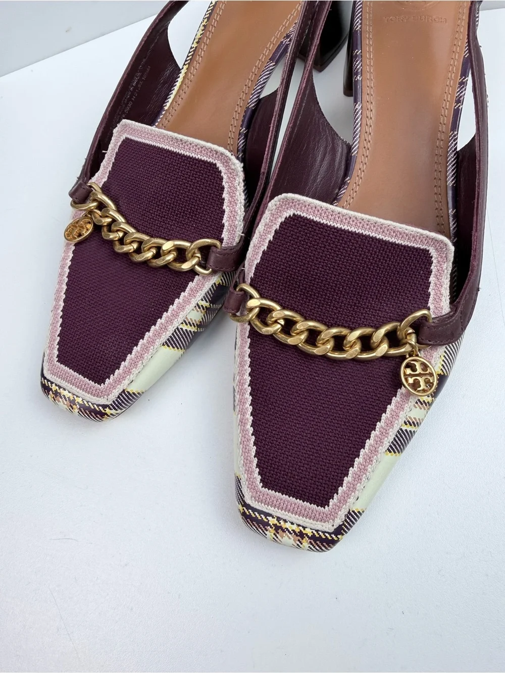 Tory Burch Mini Benton Charm Slingback Loafers Size 10.5 Plaid Burgundy